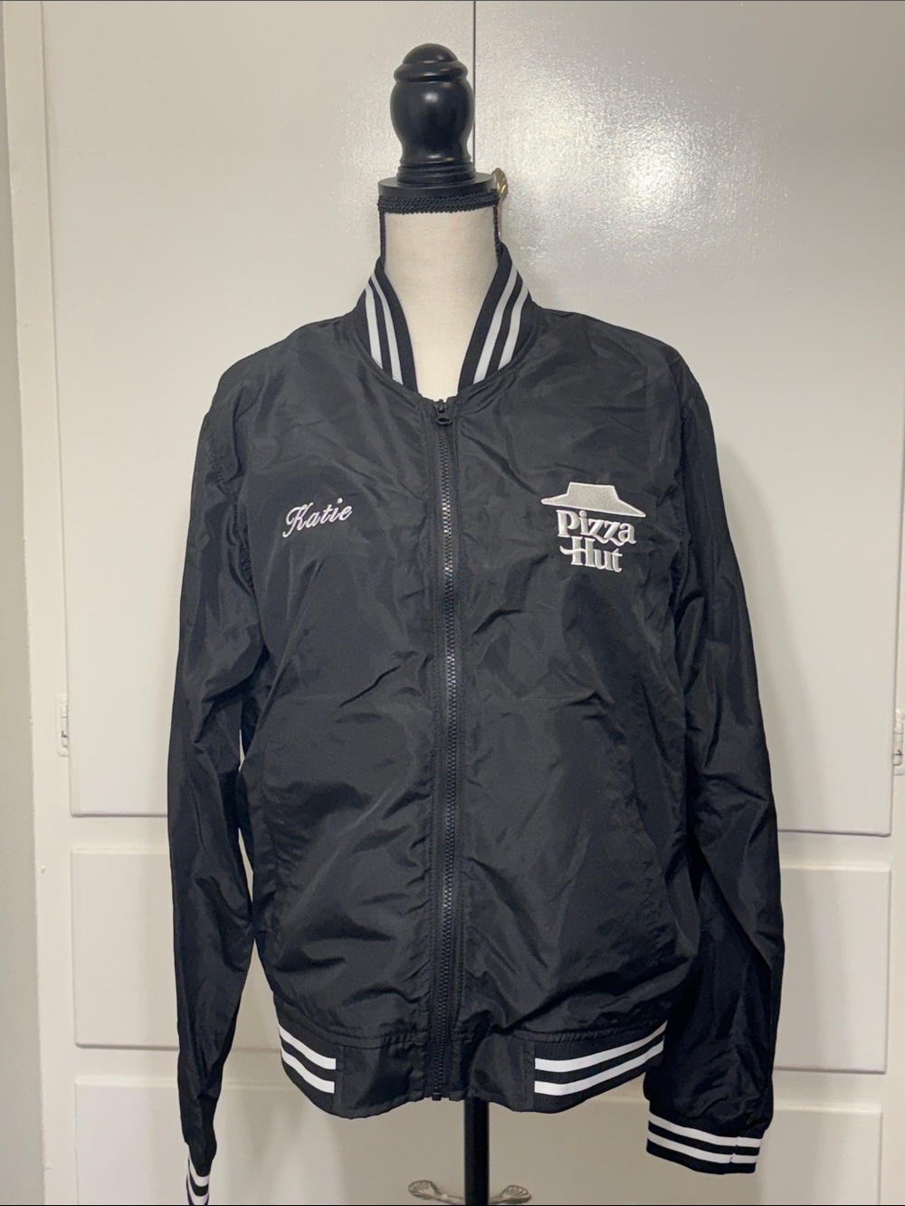 Black Branded Bomber Jacket with Stripe Trim
